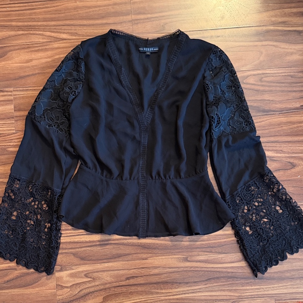 GUESS Black Lace-Sleeve Peplum Blouse